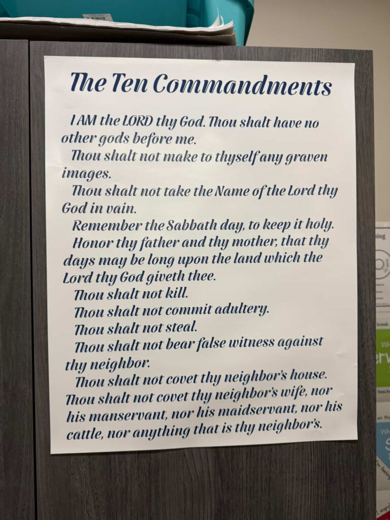 Photo of Texas ten commandments from anonymous Texas classroom
