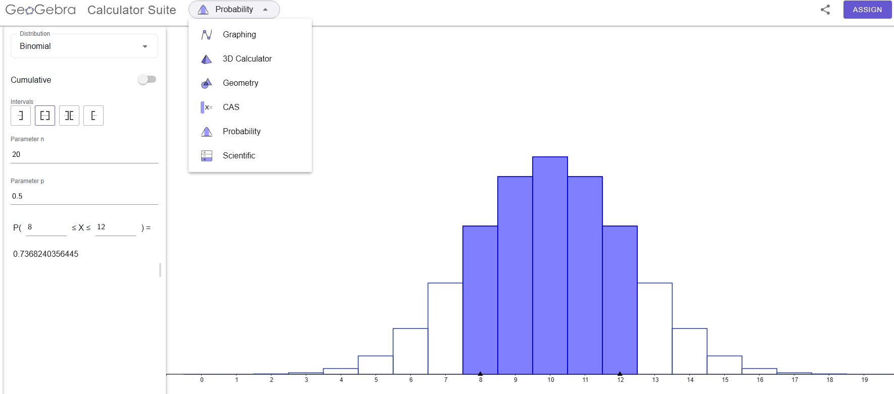 GeoGebra probability calculator