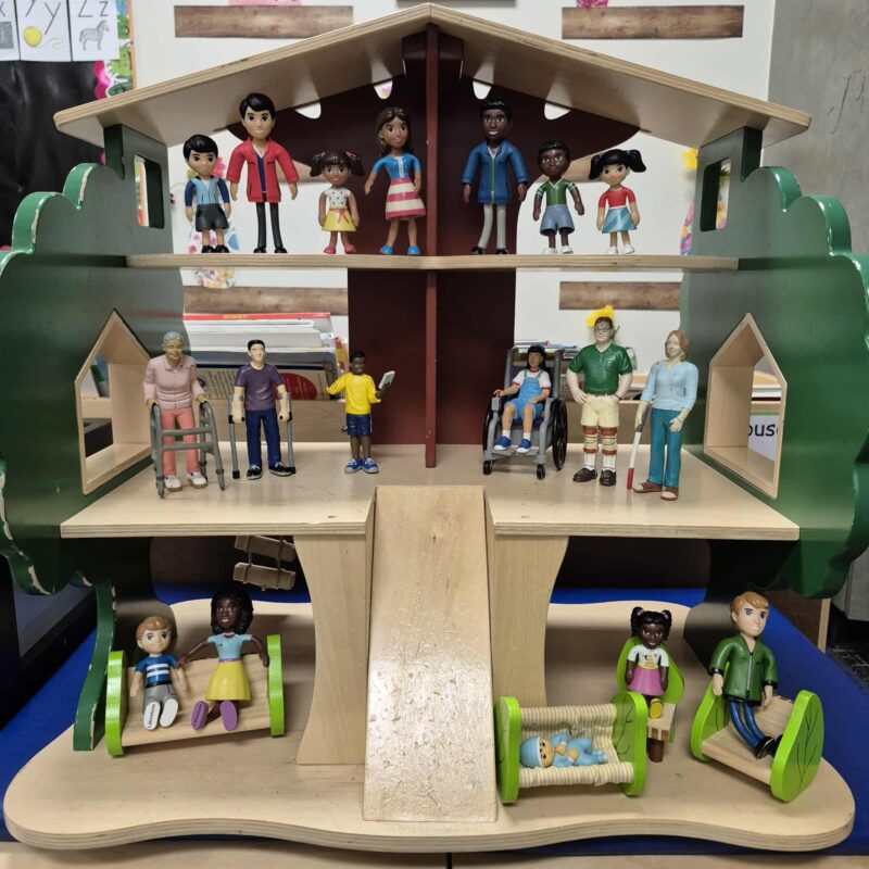 A dollhouse with inclusive dolls with different skin tones, including one using a wheelchair and one using a walker