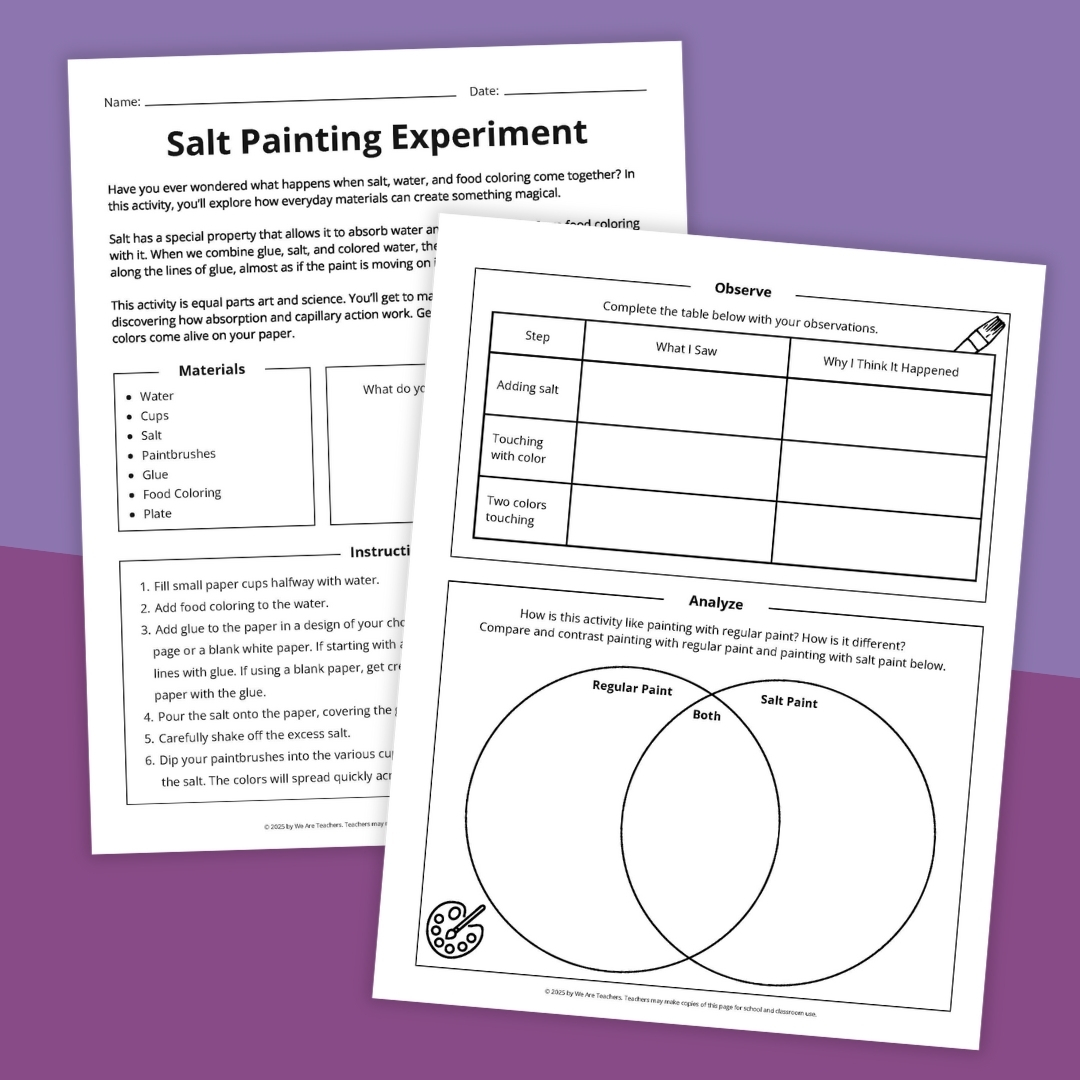 printable examples of what is included in the free resource, salt painting experiment