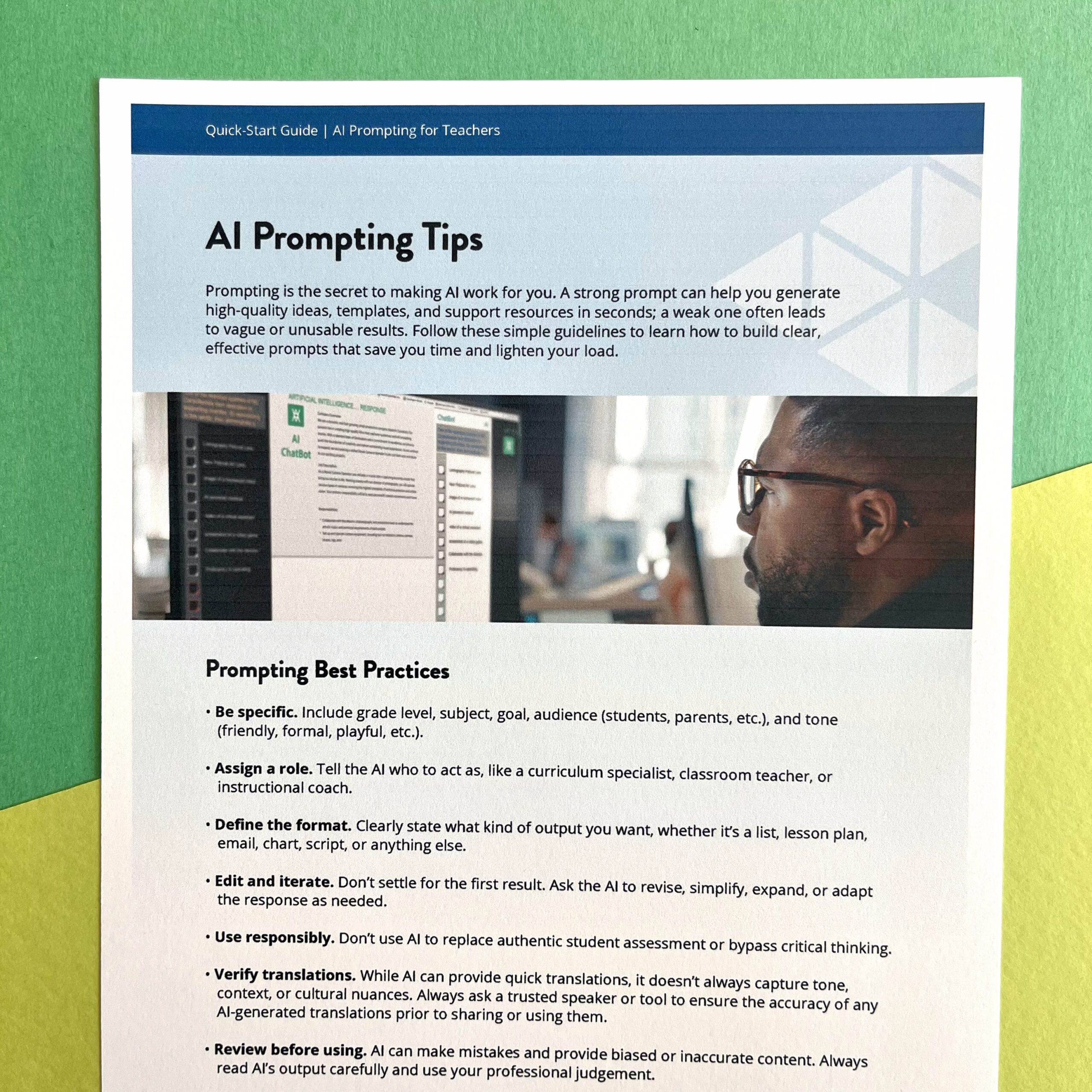 Picture of AI Prompting Tips page of the AI Teacher's Guide