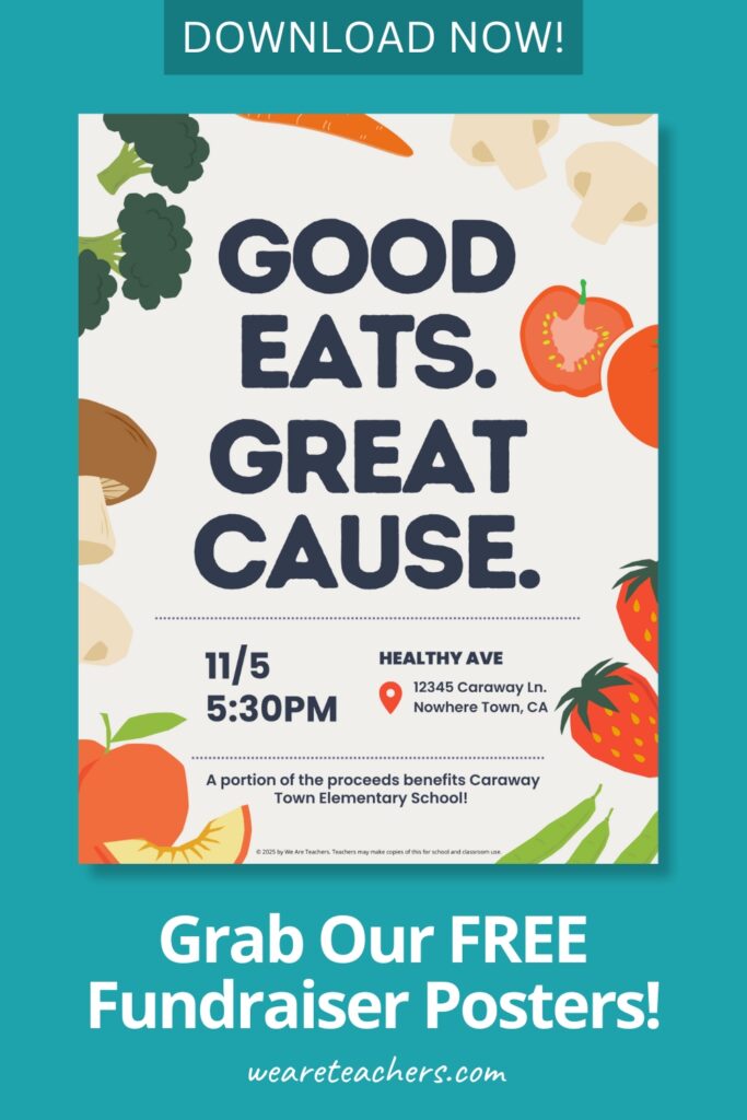 School Fundraiser Posters an example of a school fundraiser poster that has images of fruits and vegetables, time, date and location as a pinterest pin