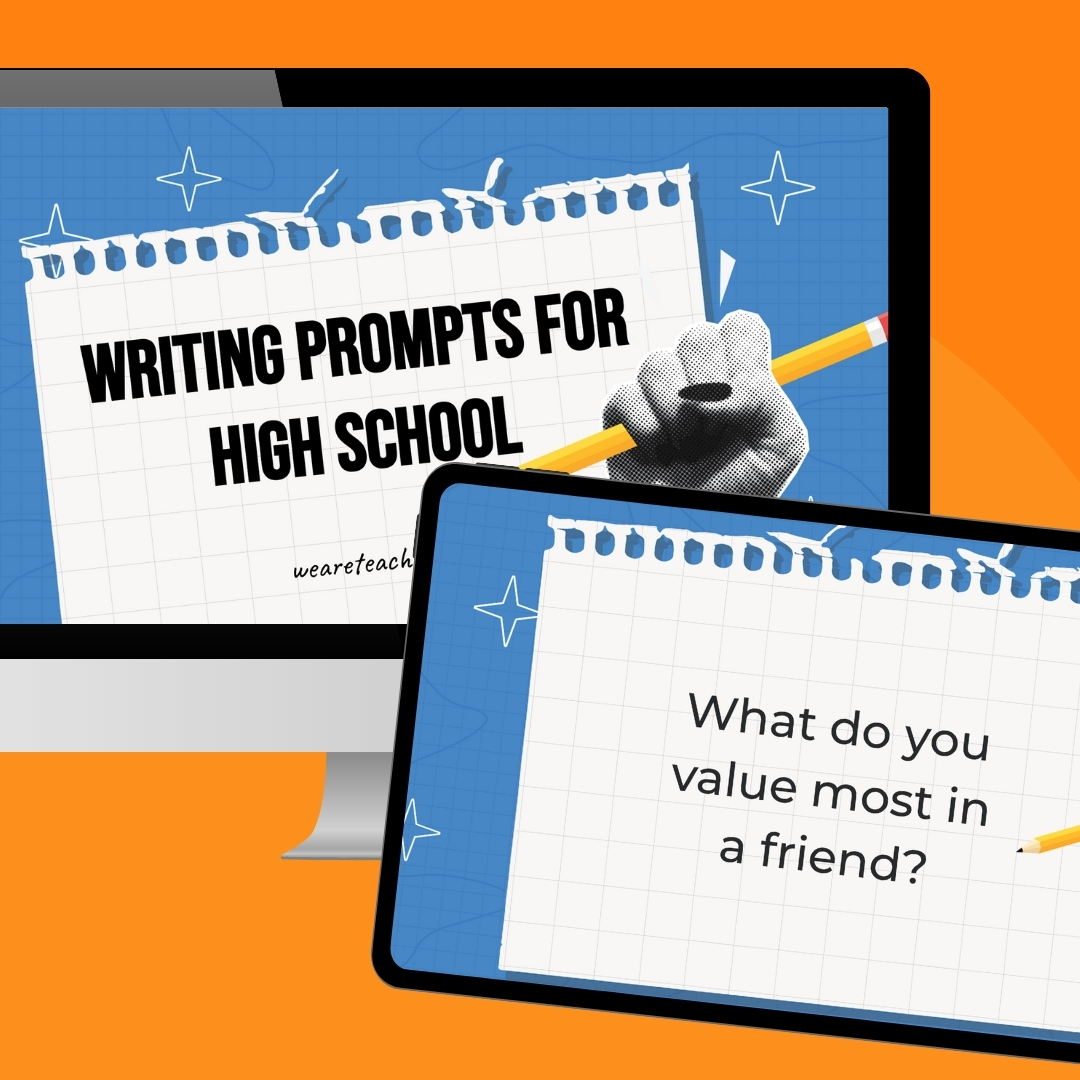 Writing Prompts for High School a computer and ipad screen showing examples of the writing prompts for high school google slides