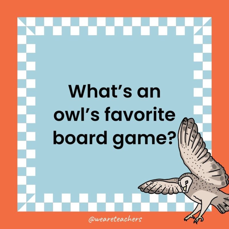 Owl Jokes for Kids a joke that states: What’s an owl’s favorite board game?