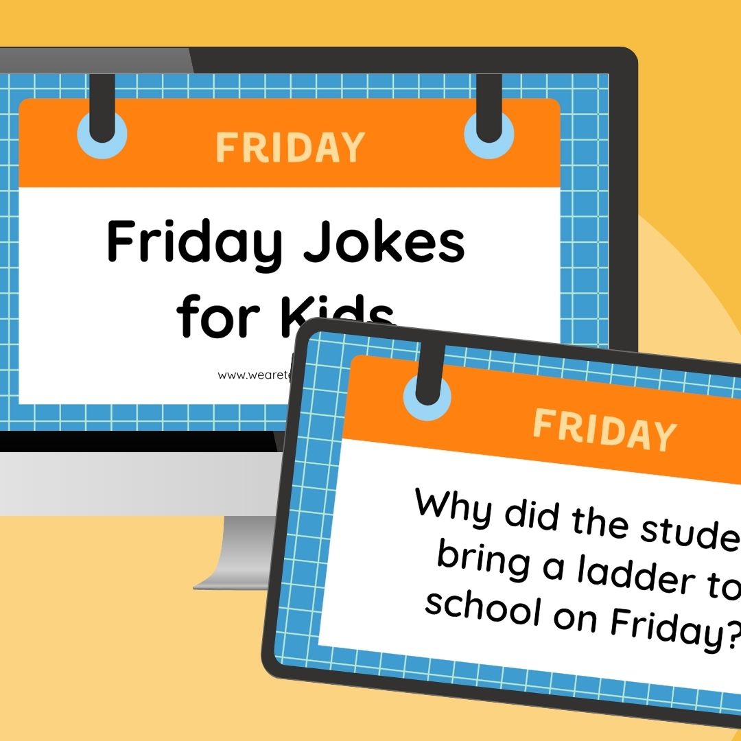 an image of a computer screen and ipad screen feature two Friday joke slides