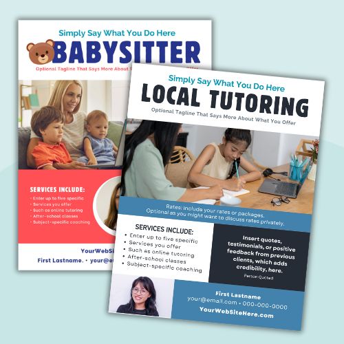 an image of three example flyer templates teachers can use to promote tutoring or other side hustles