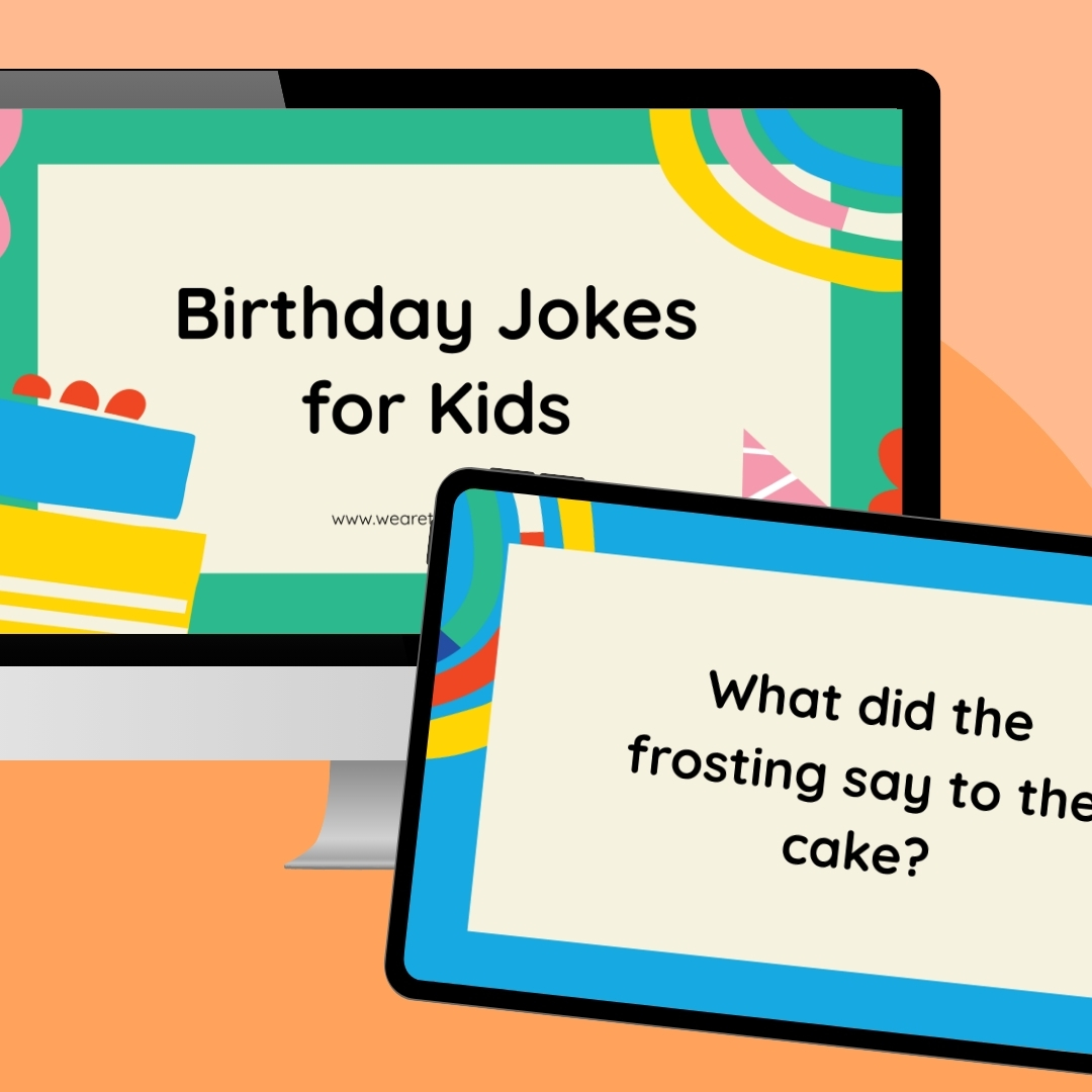 a computer screen and ipad screen of two slides from the free birthday jokes for kids google slides