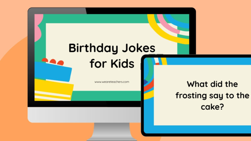 a computer screen and ipad screen with two example slides from the free birthday jokes for kids google slides