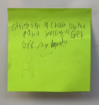 This Teacher Asked His Students What People In Their 40s Do For Fun, And We’re Dying (Maybe Literally) Student illustration on Post-It of what people in their 40s do for fun