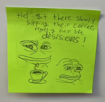 This Teacher Asked His Students What People In Their 40s Do For Fun, And We’re Dying (Maybe Literally) Student illustration on Post-It of what people in their 40s do for fun