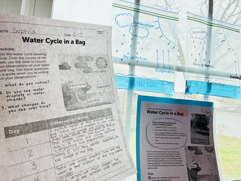 Weather Activities for Kids a science experiment that is showcasing the water cycle in a bag with an observation worksheet and step-by-step directions