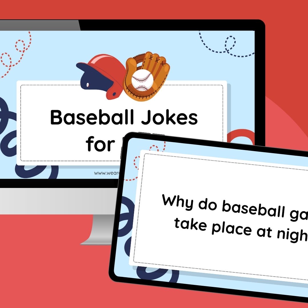 an image of a computer and ipad screen featuring two baseball jokes slides 