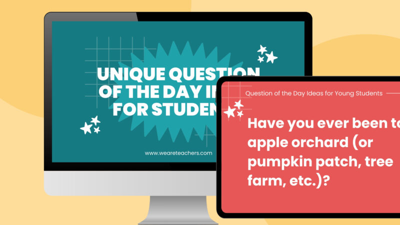 Question of the Day an image of a computer and ipad screen featuring two slides from unique question of the day slides
