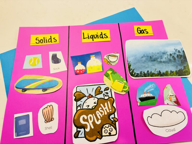 a collage of cut out magazine pictures of solids, liquids and gases