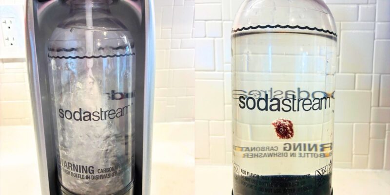 an image of a soda stream putting gas into a bottle of water and a second bottle of raisins floating in water because of the gas bubbles