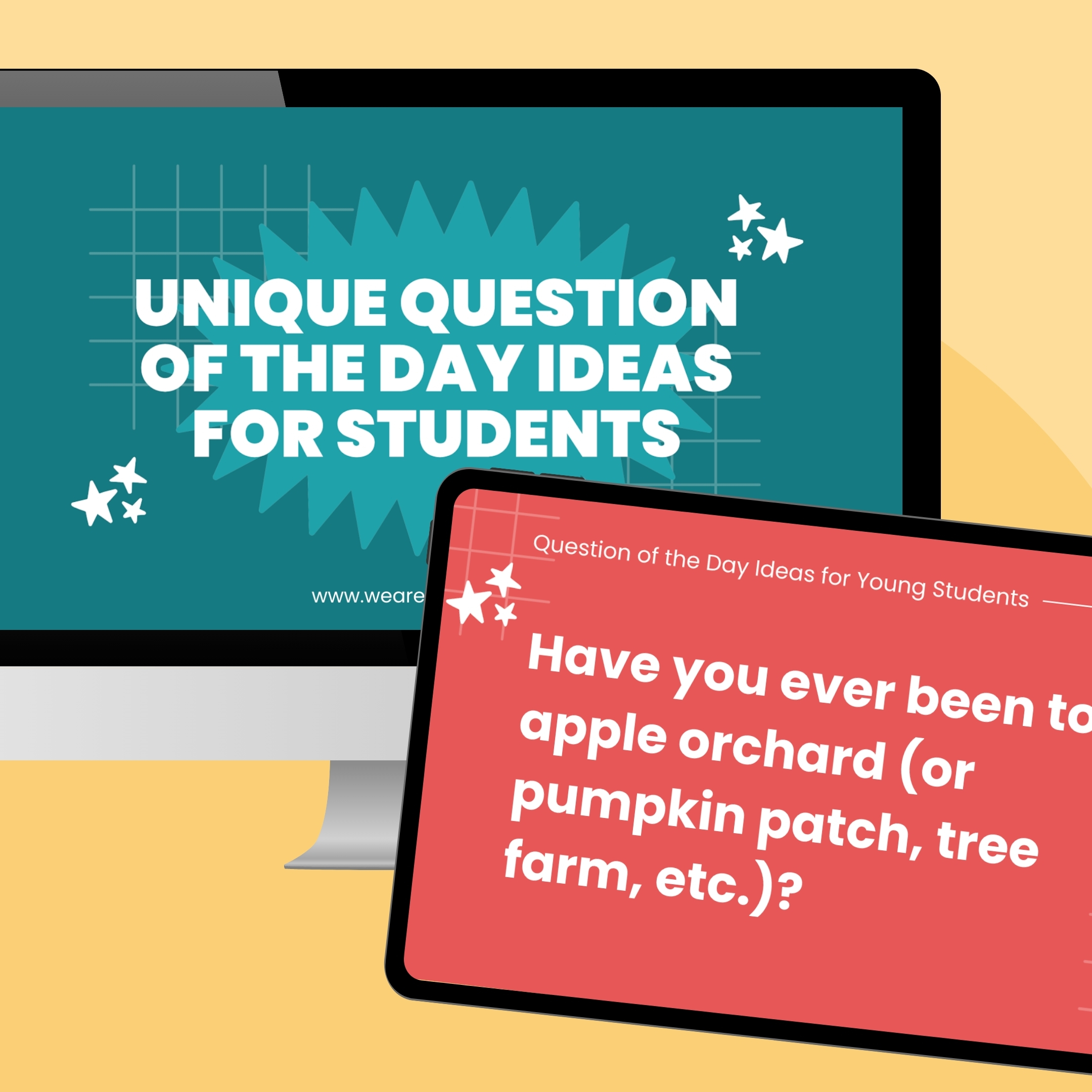 Question of the Day a computer and ipad screen with two slides featuring unique question of the day slides