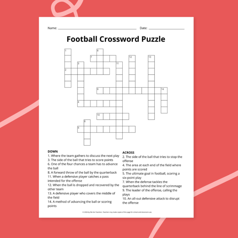 printable football worksheet examples in front of a red background