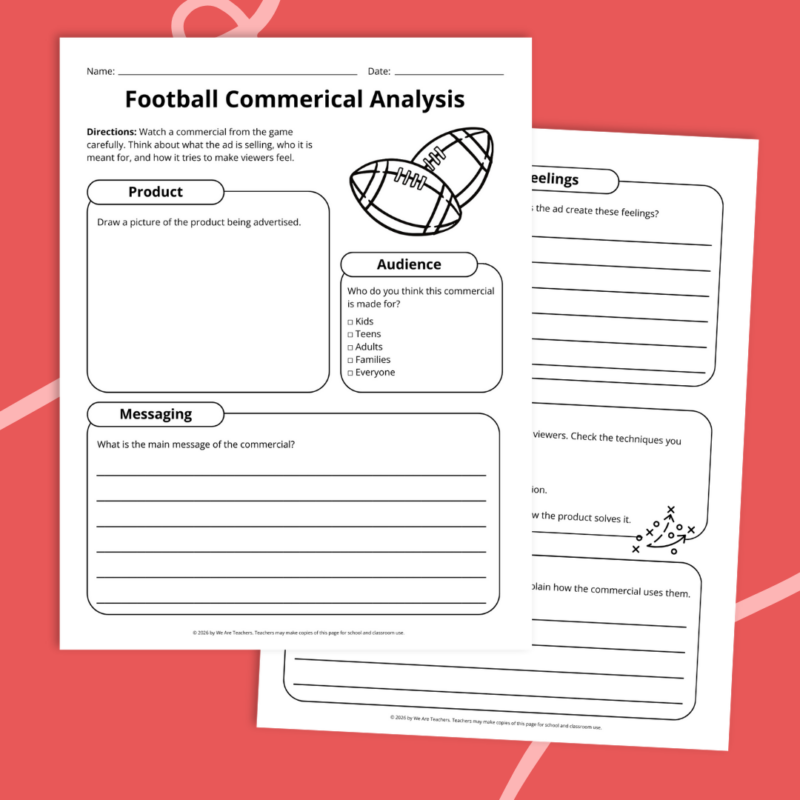 printable football worksheet examples in front of a red background