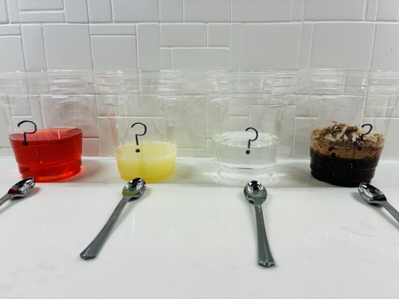 four clear cups filled with a mystery liquid with a spoon in front of each cup for students to text and determine their taste