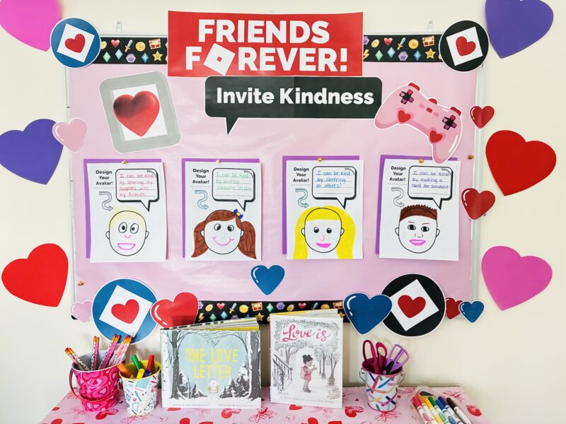 an image of a Valentine's Day bulletin board featuring roblox friends forever
