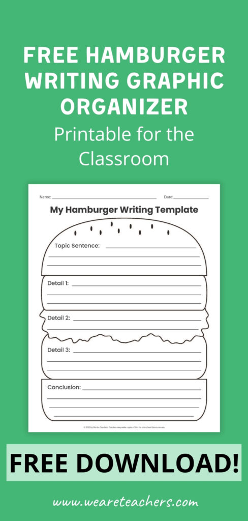 a Pinterest pin highlighting a hamburger writing template printable for students
