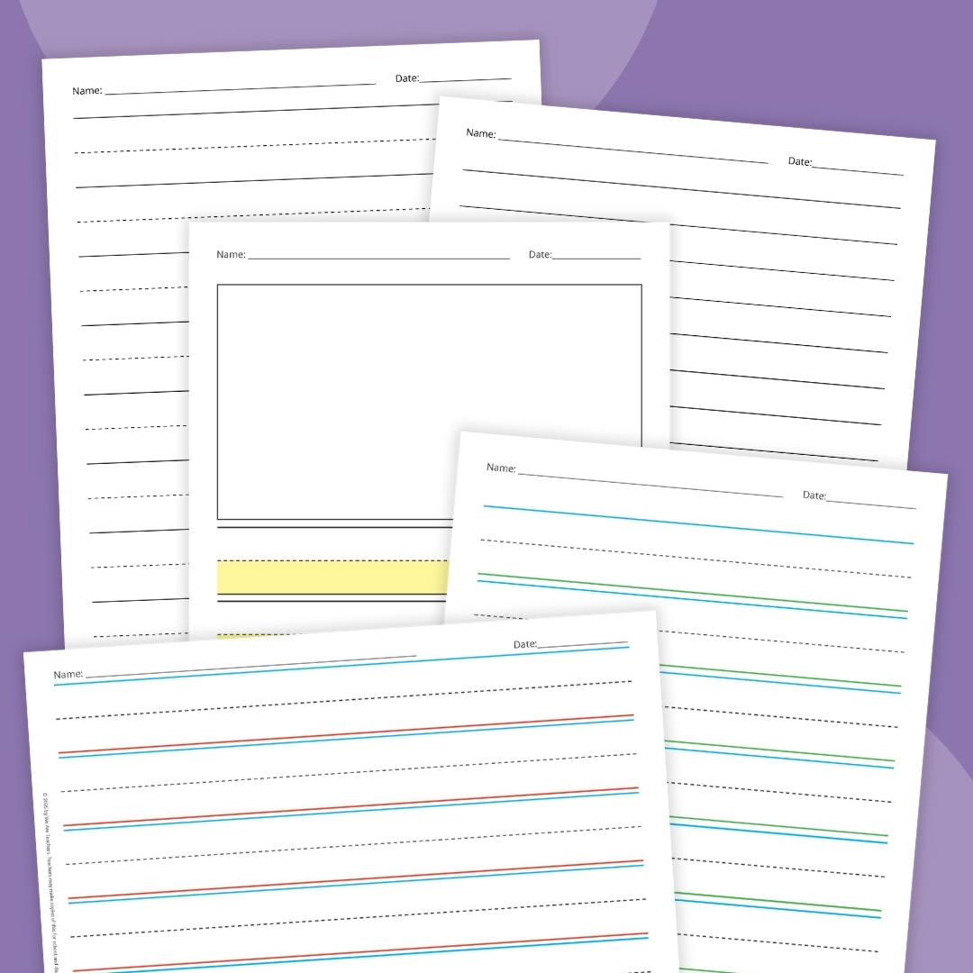 Lined writing paper pages on a purple background