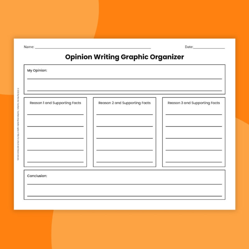 All-in-one opinion writing graphic organizer page on an orange background