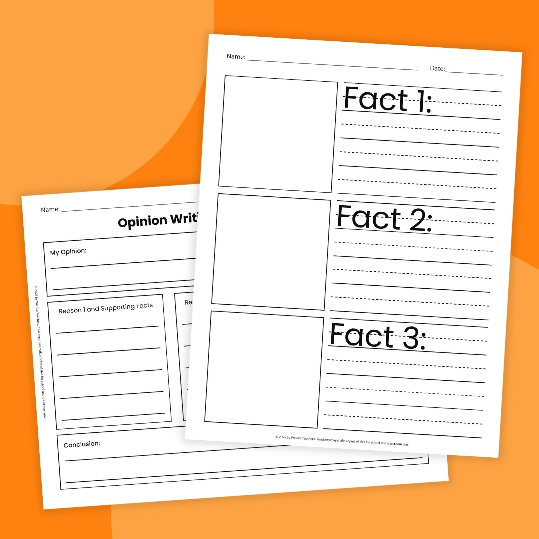 Two page opinion writing graphic organizer on orange background