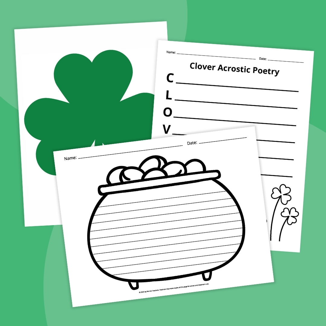 st-patricks-day-1 three st. patrick's day worksheets with a pot of gold, shamrock and writing paper