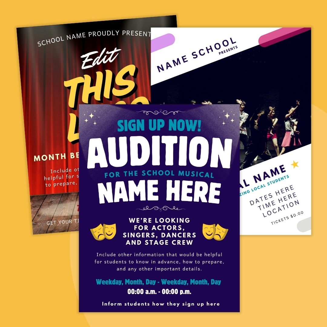 Audition Flyer Template an image of audition flyer templates in front of a yellow background
