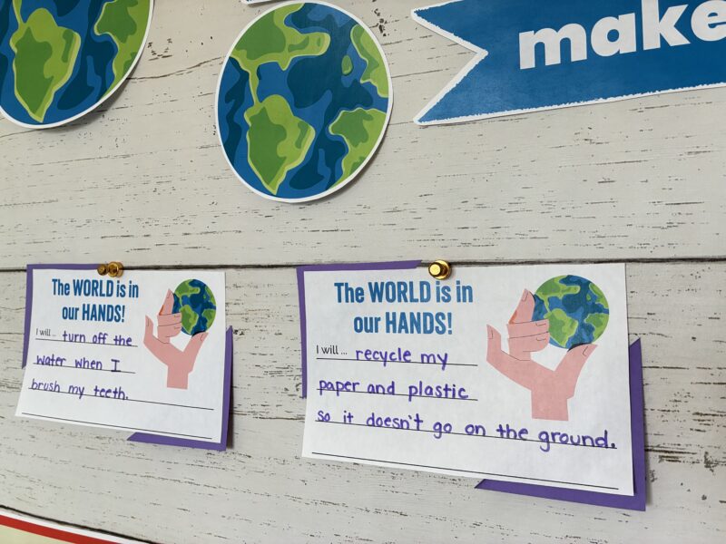 Spring Bulletin Boards an image of two student responses in the planet protectors bulletin board kit