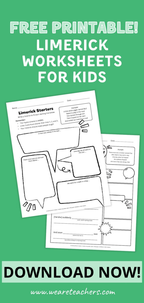 Limerick Pinterest Pin Pinterest pin featuring two printable limerick worksheets.