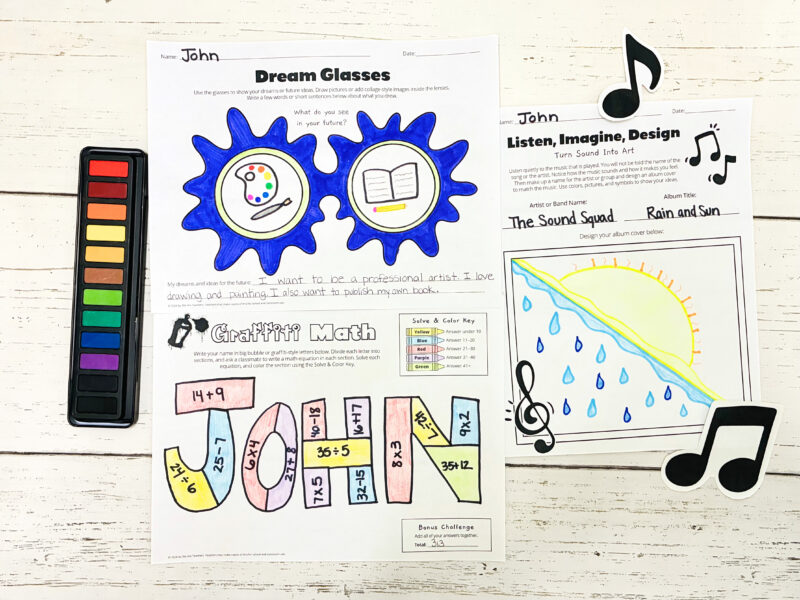 Creativity Worksheets examples of three creativity worksheets in a free elementary bundle