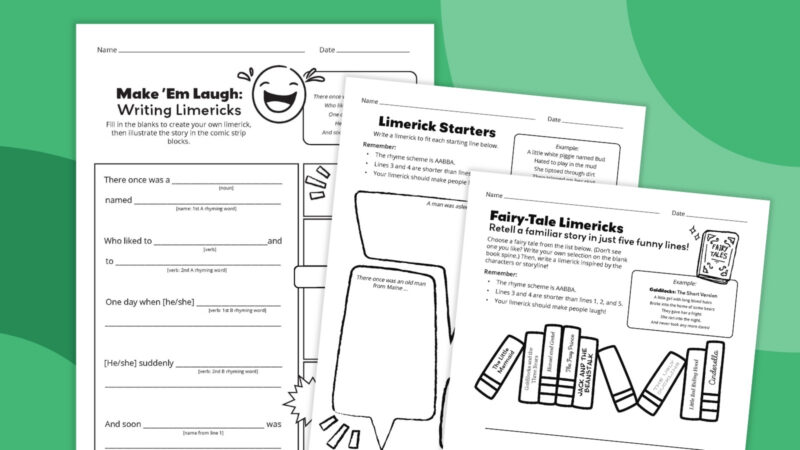 Limerick Worksheets Feature Collage of three printable limerick worksheets