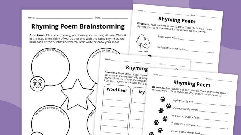rhyming poem worksheets bundle of four pages