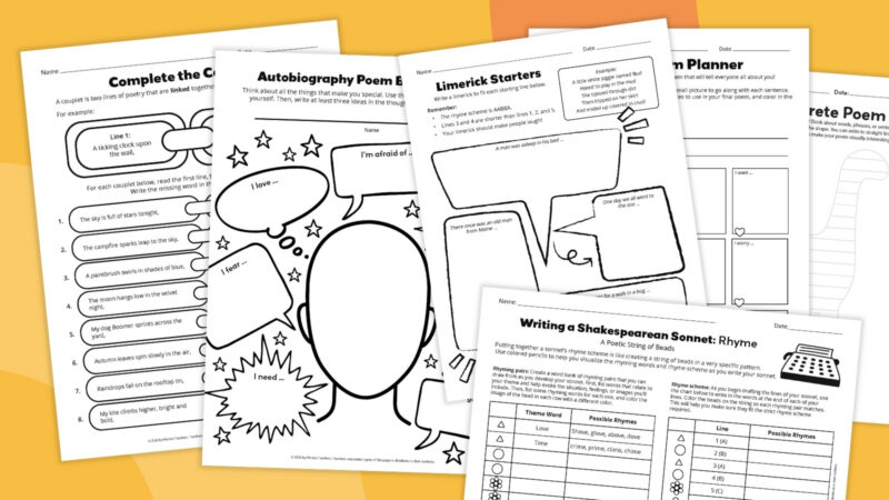 Poetry Worksheet Bundle an image of six different poetry worksheet examples