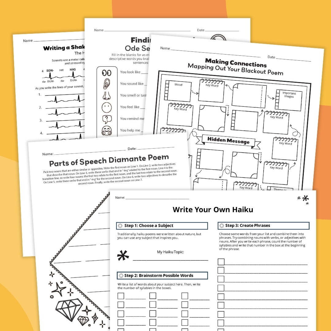 Poetry Worksheet Bundle an image of five different poetry worksheet examples