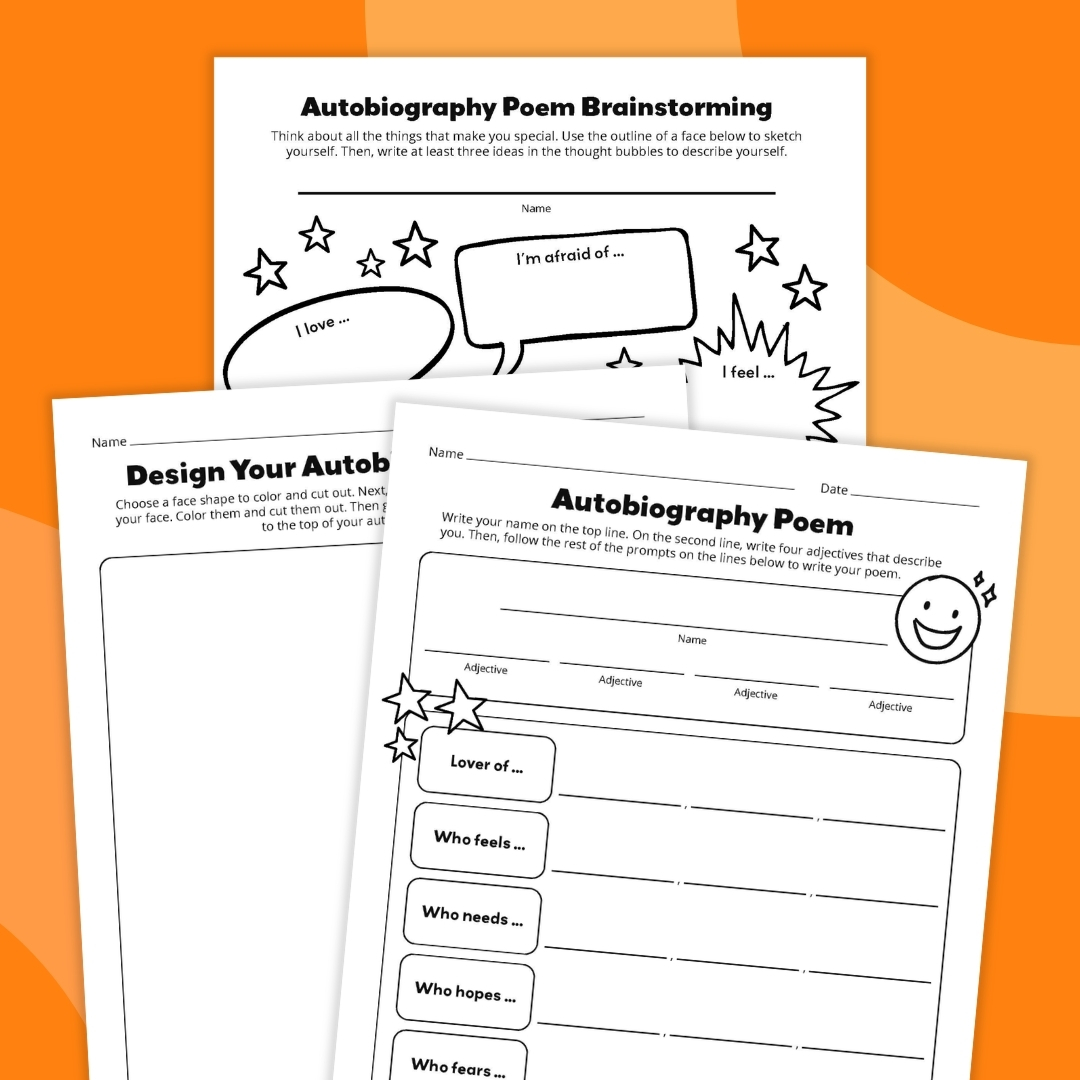 an image of three example printables of an autobiography poem template