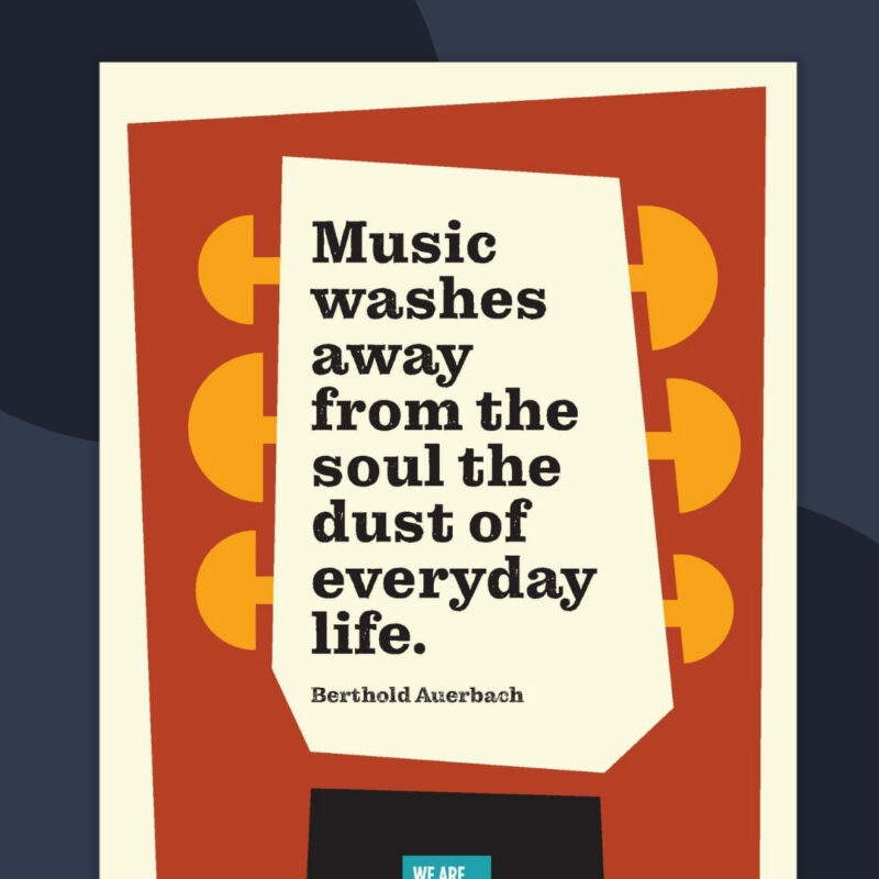 A colorful example of music quote posters in the shape of the end of a guitar