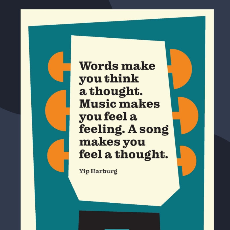 A colorful example of music quote posters in the shape of the end of a guitar