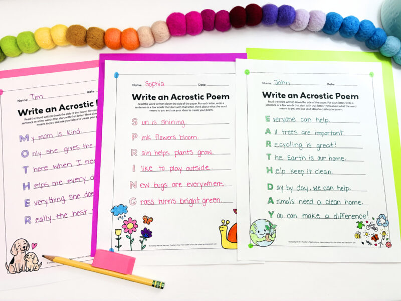 Acrostic Poem Template an image of three completed acrostic poem templates