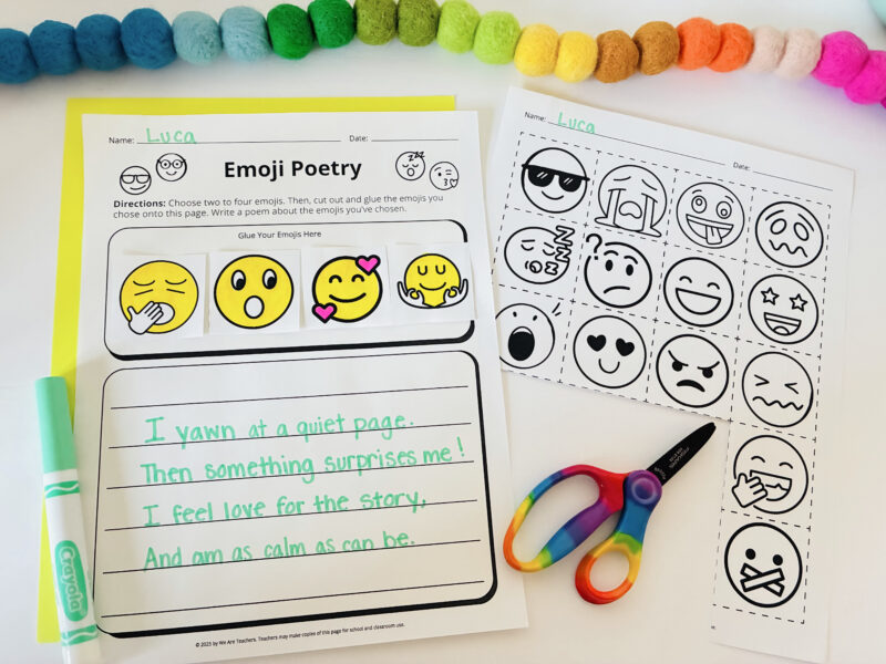 an emoji poem template worksheet with scissors and a green marker