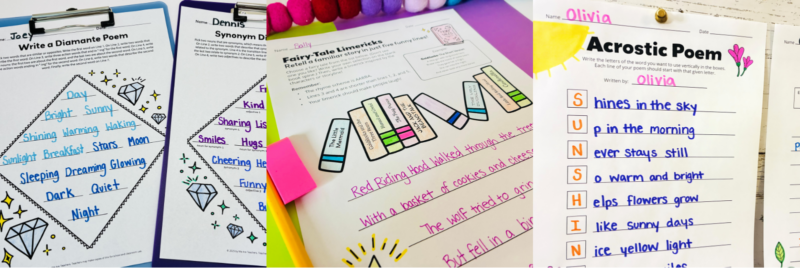 Poetry Worksheet Bundle an image of three types of student example printable poetry worksheets