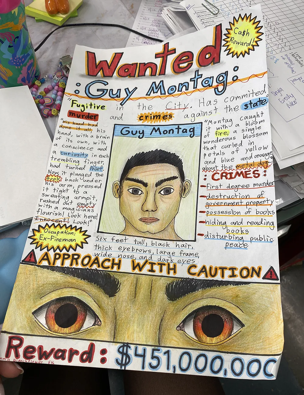 Student-made wanted poster for Guy Montag
