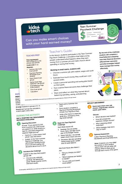 Image of the lesson plan pages of the budgeting lesson for teens