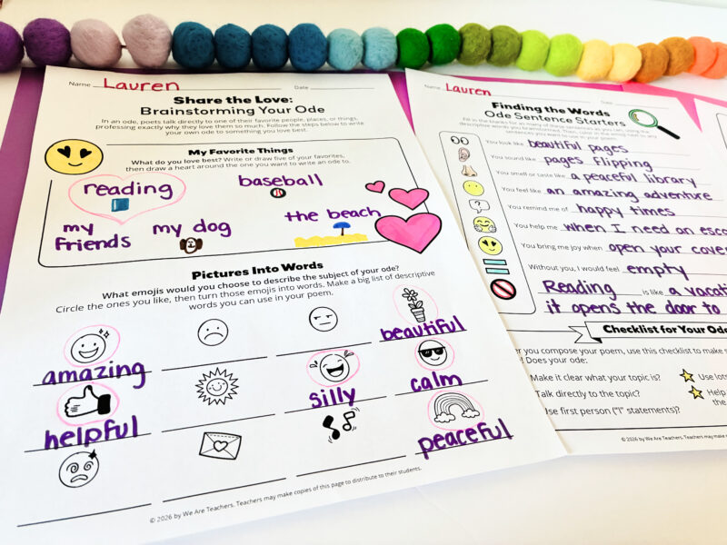 an image of two student example ode poem template worksheets