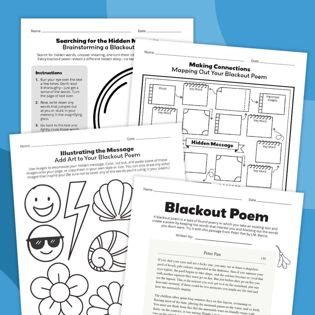 an image of four printable examples of a blackout poetry template bundle