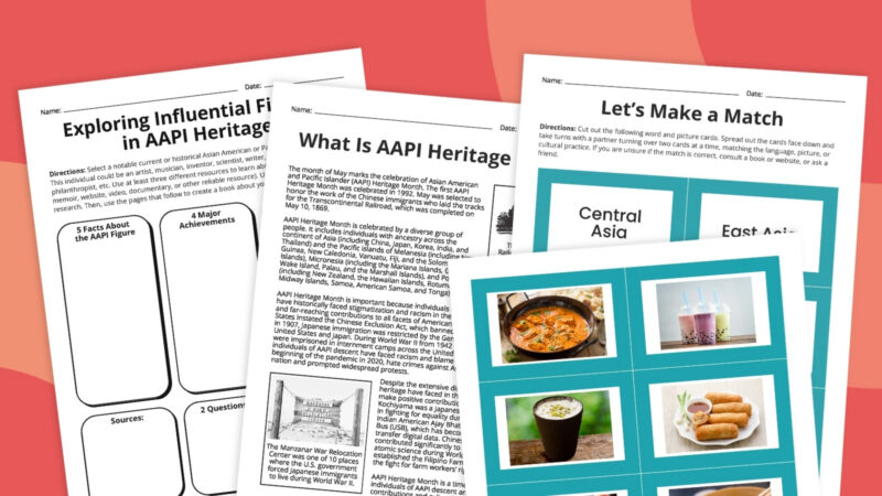 AAPI Heritage Month Worksheets Feature Rectangular collage of AAPI Heritage month worksheets