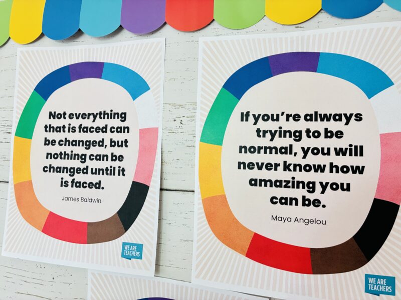 an image of two printable Pride Month posters on a classroom whiteboard