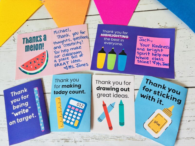 an image of various printable thank you cards from teachers to students examples